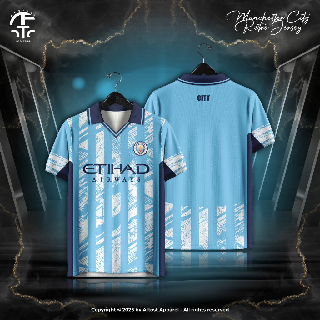 Jersey Baju Retro / Vintage Etihad Blue  Full Printing Bahan Premium