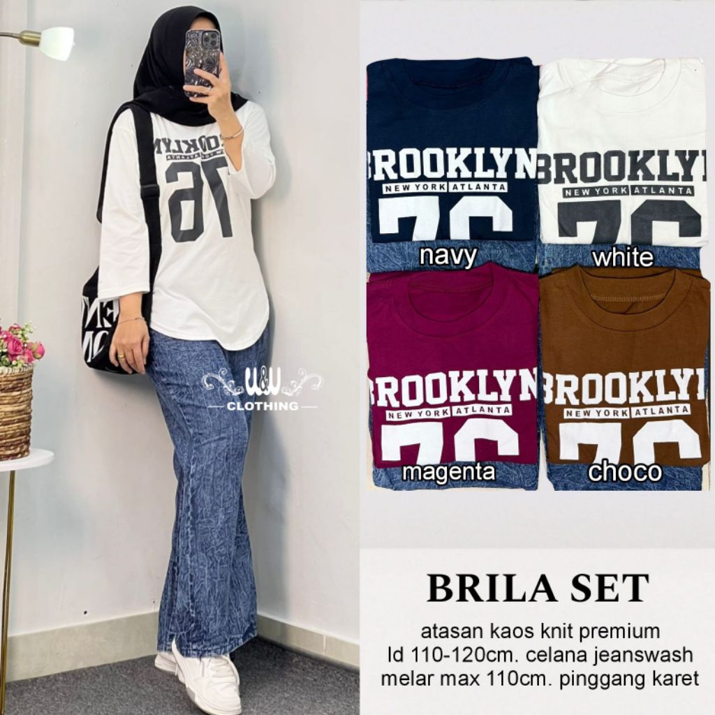 Setelan Wanita Harian Santai Brila Set Baju Kaos Babyterry Celana Jeans Wash