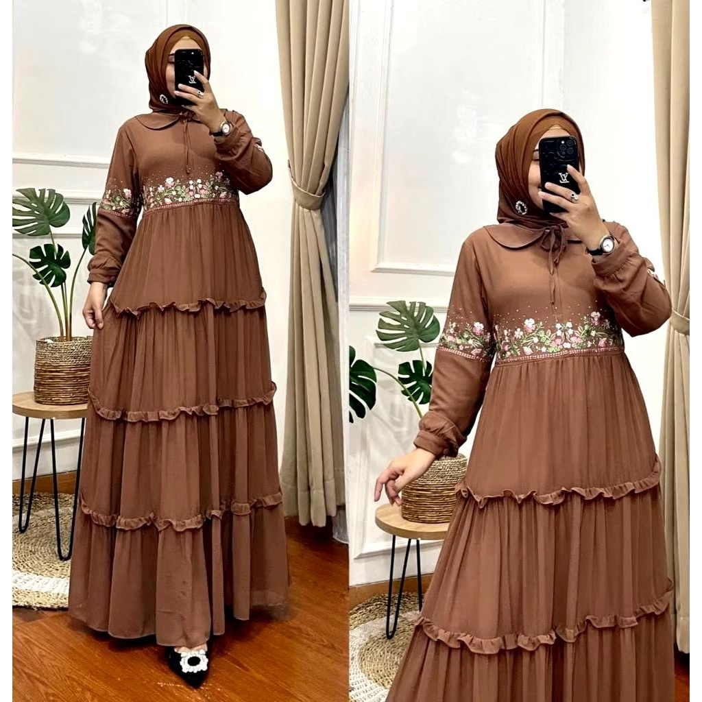 Fatihah Collection - Naura Bordir - Baju Gamis Wanita Model Terbaru Bahan Ceruti - Gamis Lebaran - G