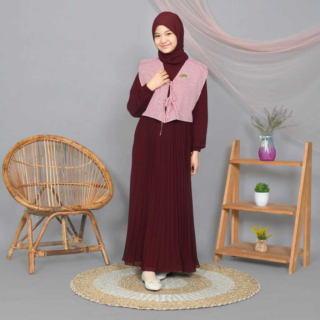 Janne Gamis anak remaja tanggung perempuan muslim plisket ceruty korean style rompi vest katun salur