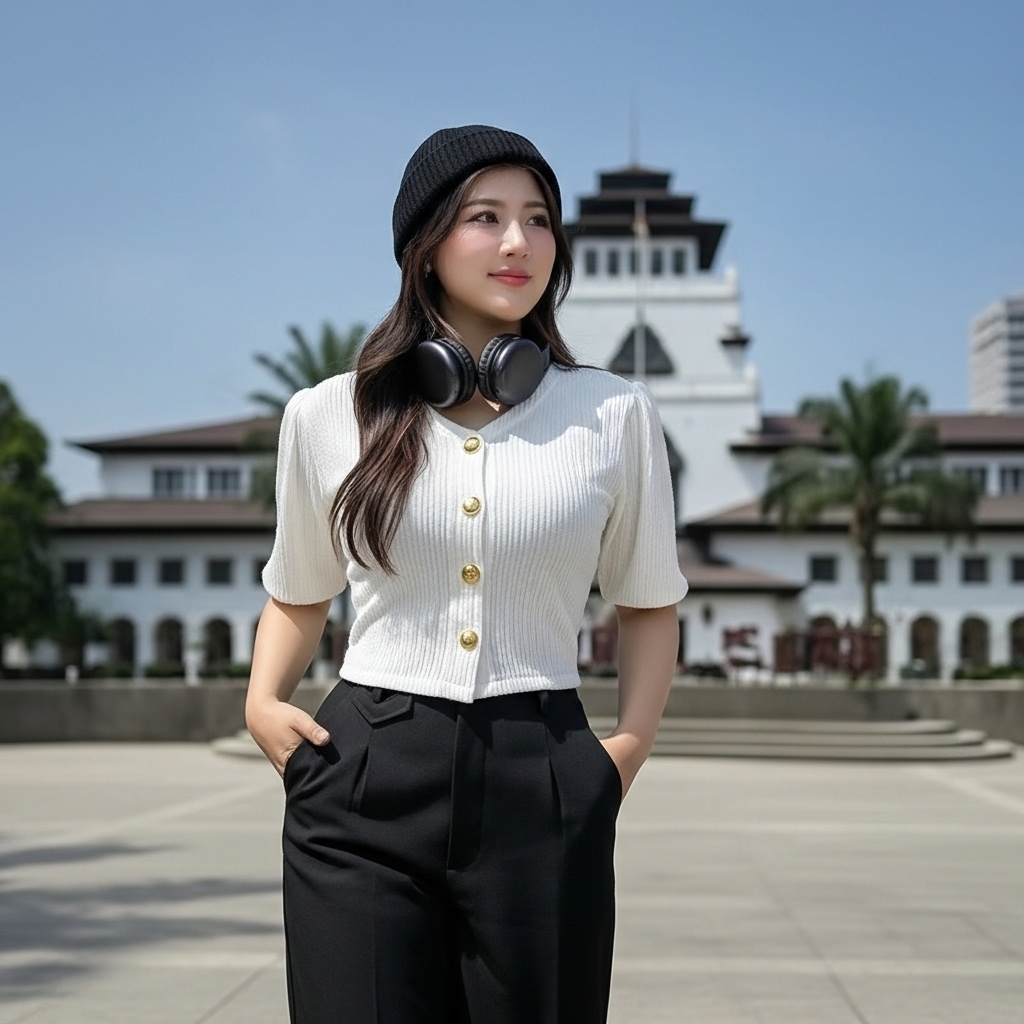 Victoria Crop Top Knit Crinkle Premium | Crop Top Wanita Puff Sleeve Kancing Depan