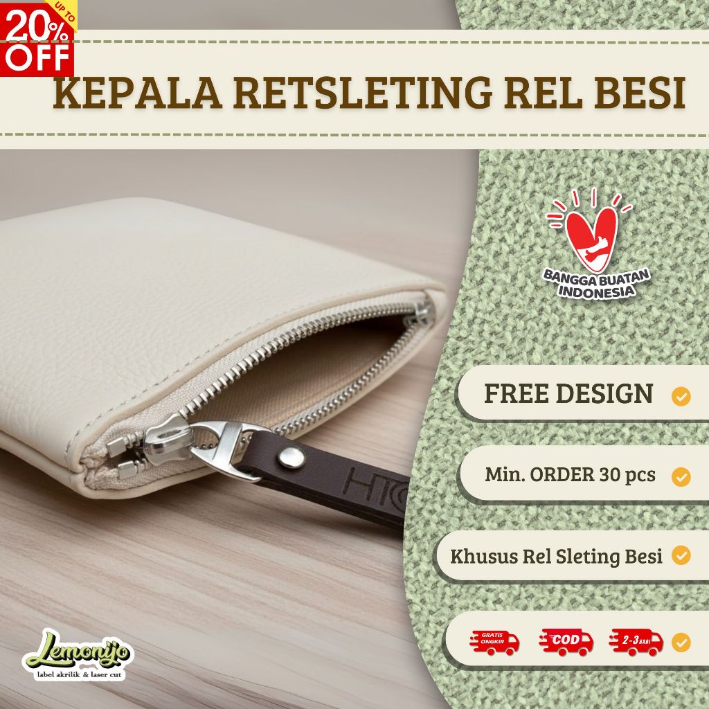 Kepala resleting rel BESI (MIN 30pcs) zipper puller Custom Kulit Sintetis Kulsin GIGI LOGAM / BESI