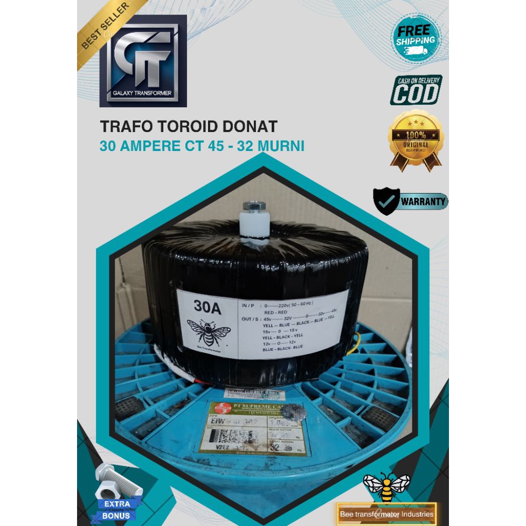 trafo toroid donat 30A CT 45V - 32V murni