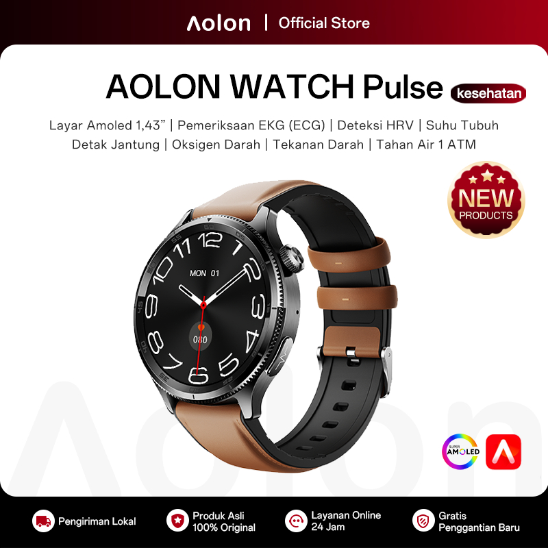 Aolon Pulse Jam Tangan Smartwatch Pengukuran Kesehatan Amoled 1,43 inci ECG HRV Detak Jantung Tekana