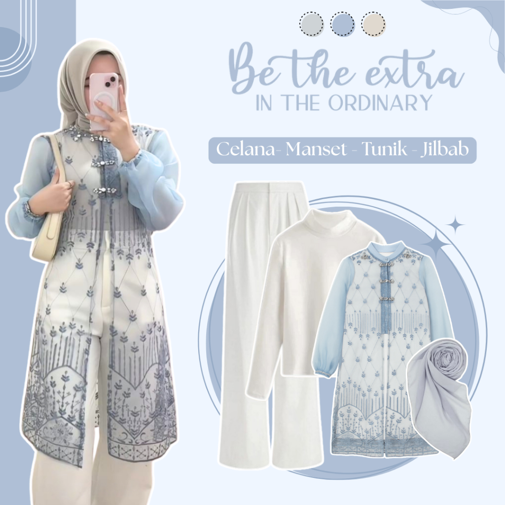 Setelan OOTD Wanita Remaja (Tunik Blue Brokat - Manset - Celana - Jilbab) One Set Kondangan HO183N