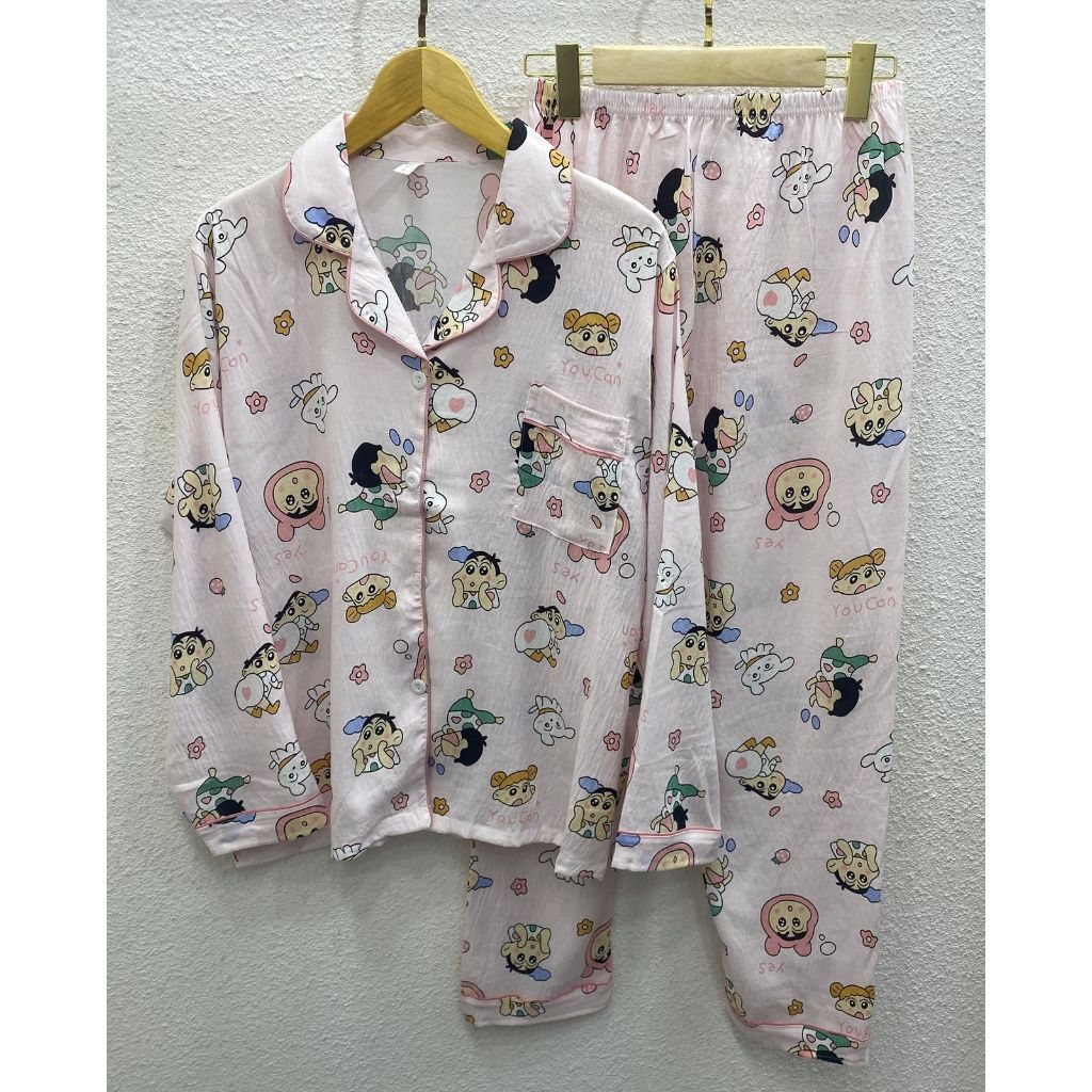 sinchan pink setelan piyama baju tidur katun import