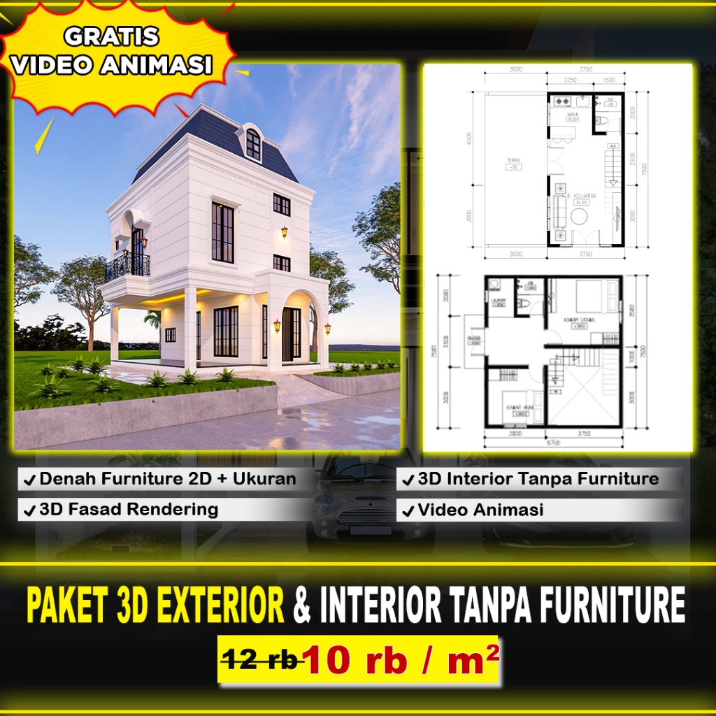 Jasa Desain Tampak Rumah 3D + Denah 3D + Gratis Video | Bonus Denah 2D | Rumah, Ruko, Kontrakan, Kos