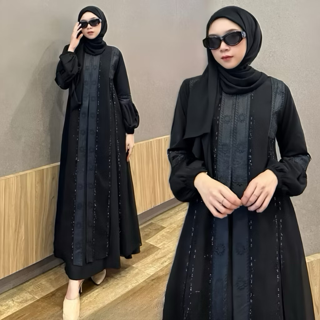 ( BEST SELLER ) GAMIS ABAYA TURKEY BUSUI PAYET HITAM&GOLD TERBARU JERSEY FULL HITAM MEWAH KONDANGAN 