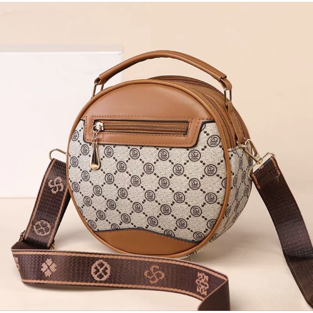 Tas selempang wanita-tas wanita bulat motif monogram vintage-tas wanita kekinian-tas wanita import-t