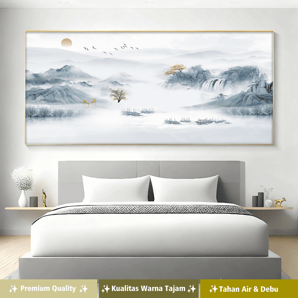 DD Hiasan dinding lukisan canvas + motif pemandangan sungai gunung berkabut