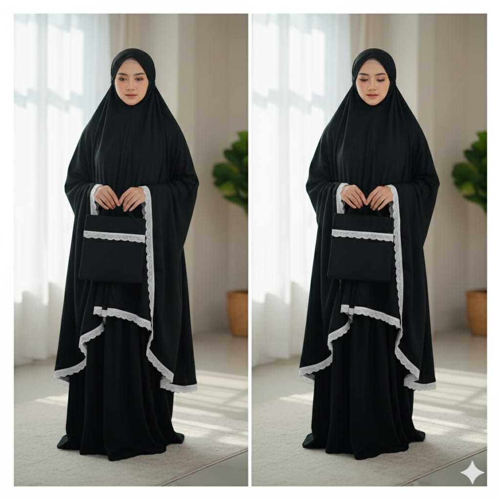 ADIBARRA - Mukena Hitam Bali Dewasa Polos Renda Rayon Jumbo Mukenah Resleting Sleting Dagu