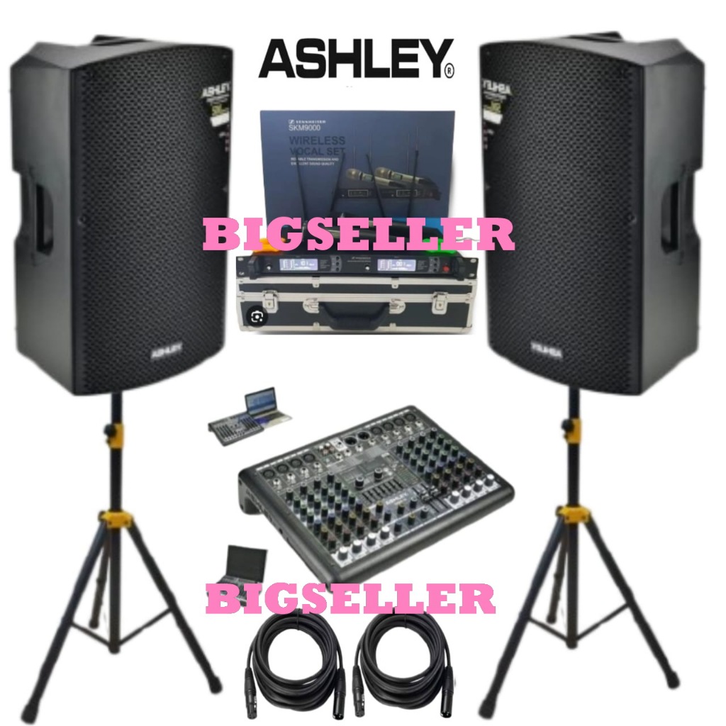 Paket Sound System Ashley AR500 15 Inch 500 Watt Komplit Mixer Ashley SMR8 8 channel Dan Mic Wireles