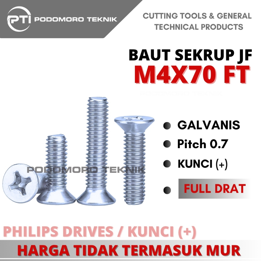 Baut JF M4X70 10 pcs Flat Head Galvanis // Sekrup JF M4 X 70 Pitch 0.7 Obeng Plus +