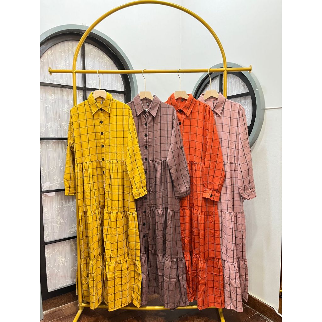 Gamis Dress Linen Motif Kotak-kotak LD 100 Panjang 130 Busui Friendly Dress Long Tangan Panjang Keki