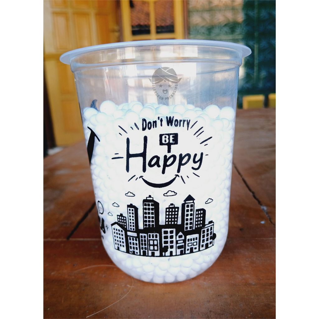 Shoporenku Gelas Cup Plastik Motif Smile 14Oz 16Oz 18Oz 22Oz Oval Datar/ Cup Boba / Sedotan Boba