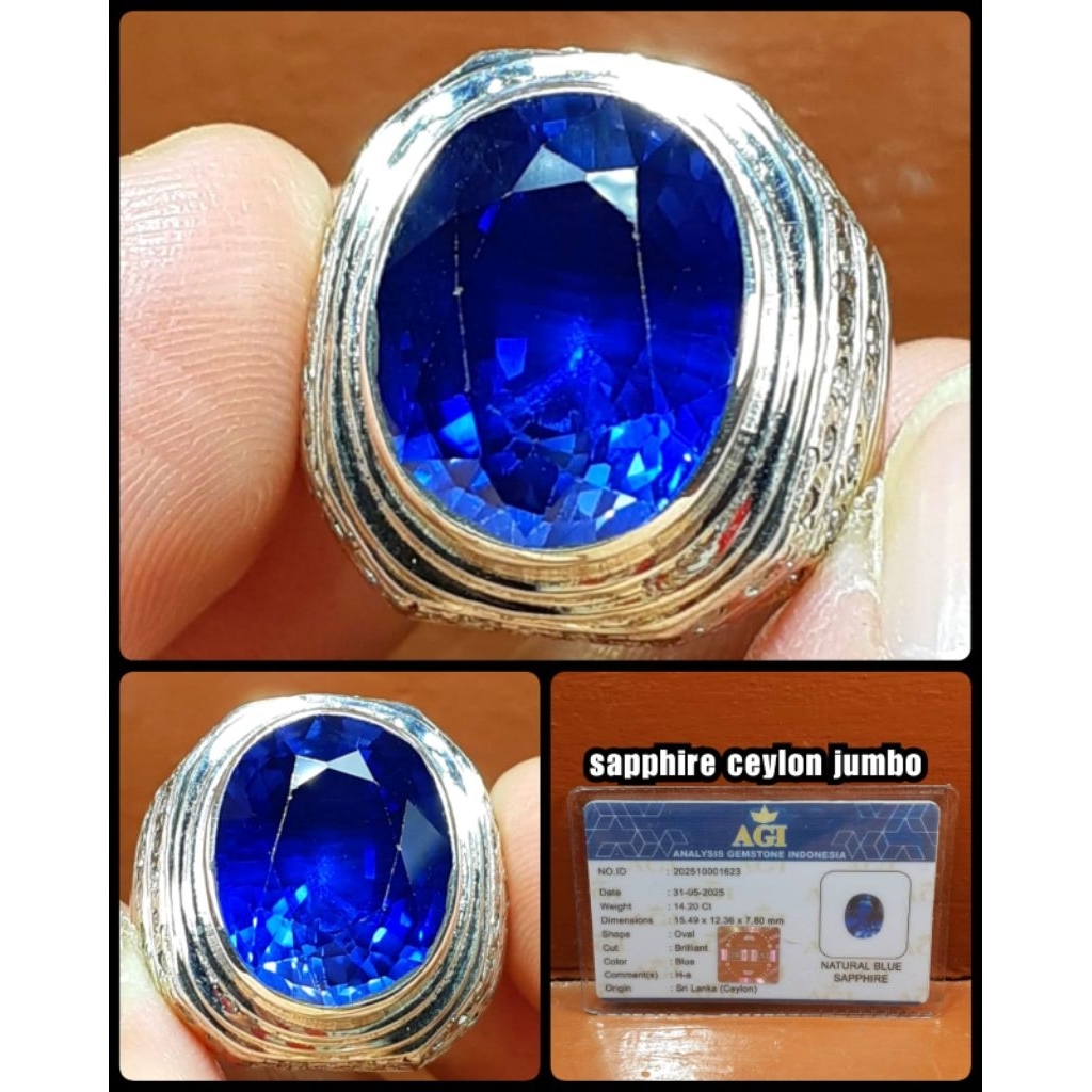 BATU BLUE SAPPHIRE JUMBO SRILANKA + RING PERAK MEWAH
