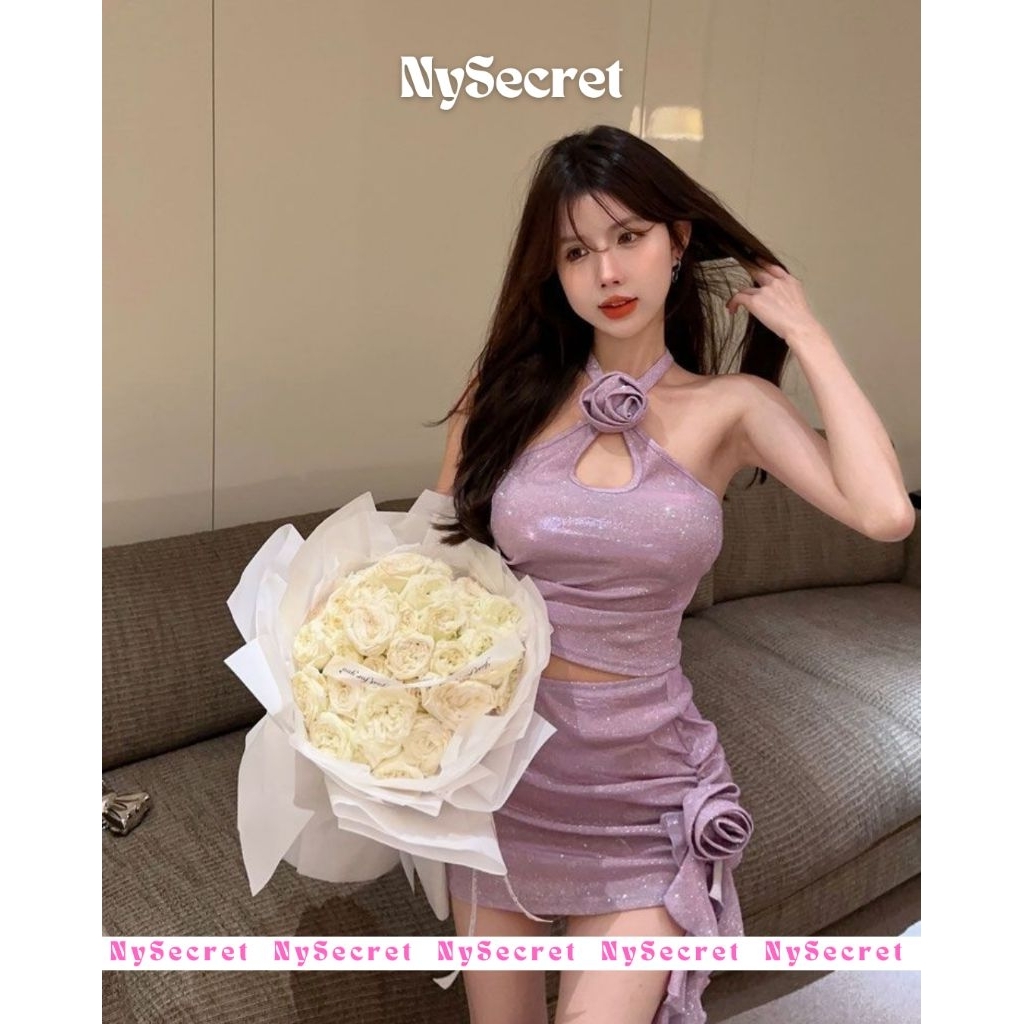 NySecret Purple Bodycon mini dress Set Flower Blink Korean Style, Dress Wanita Sexy, Night Party Dre