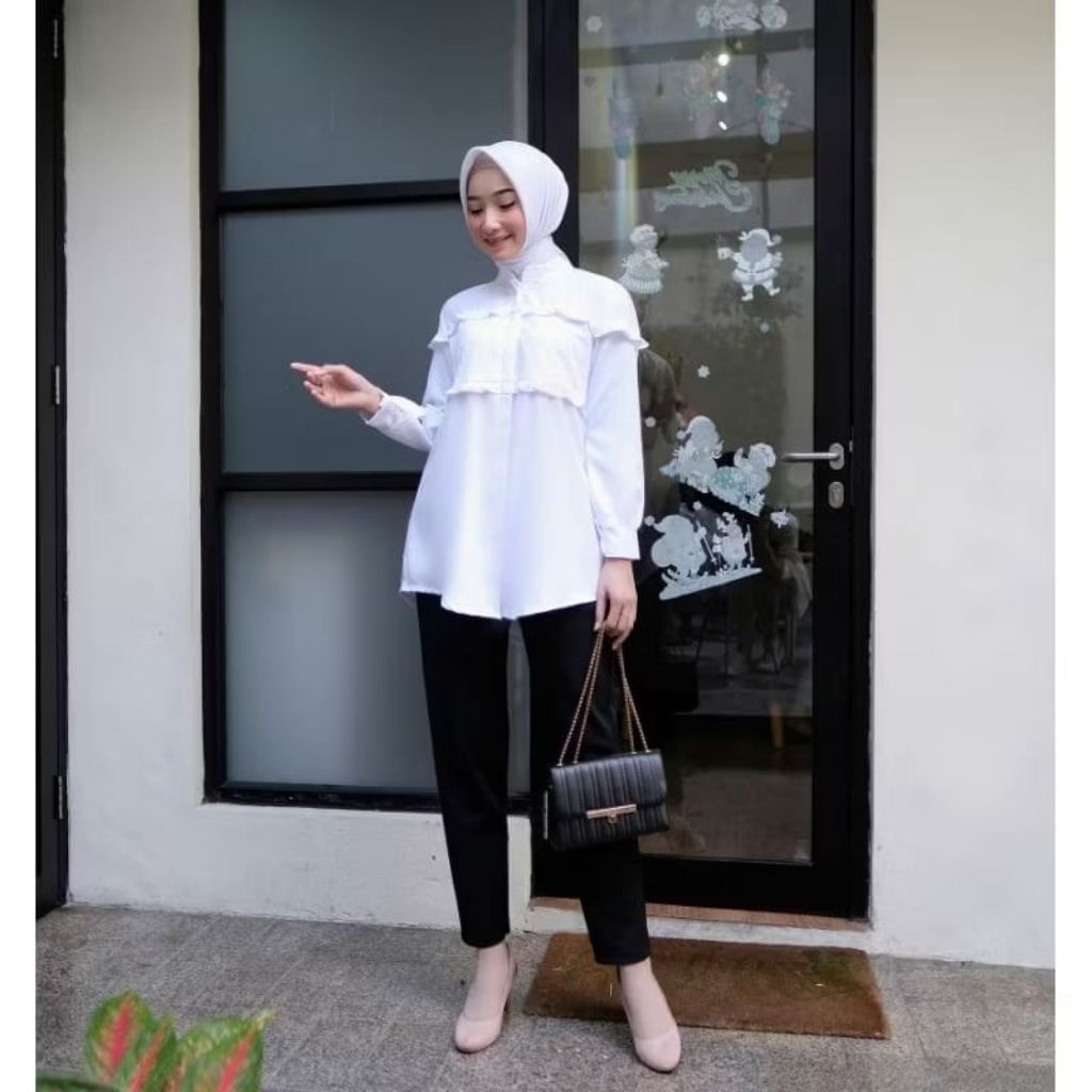 Baju Blouse Atasan Putih Wanita Kerja formal Kasual Lengan Panjang Kombinasi Bordir Kerut