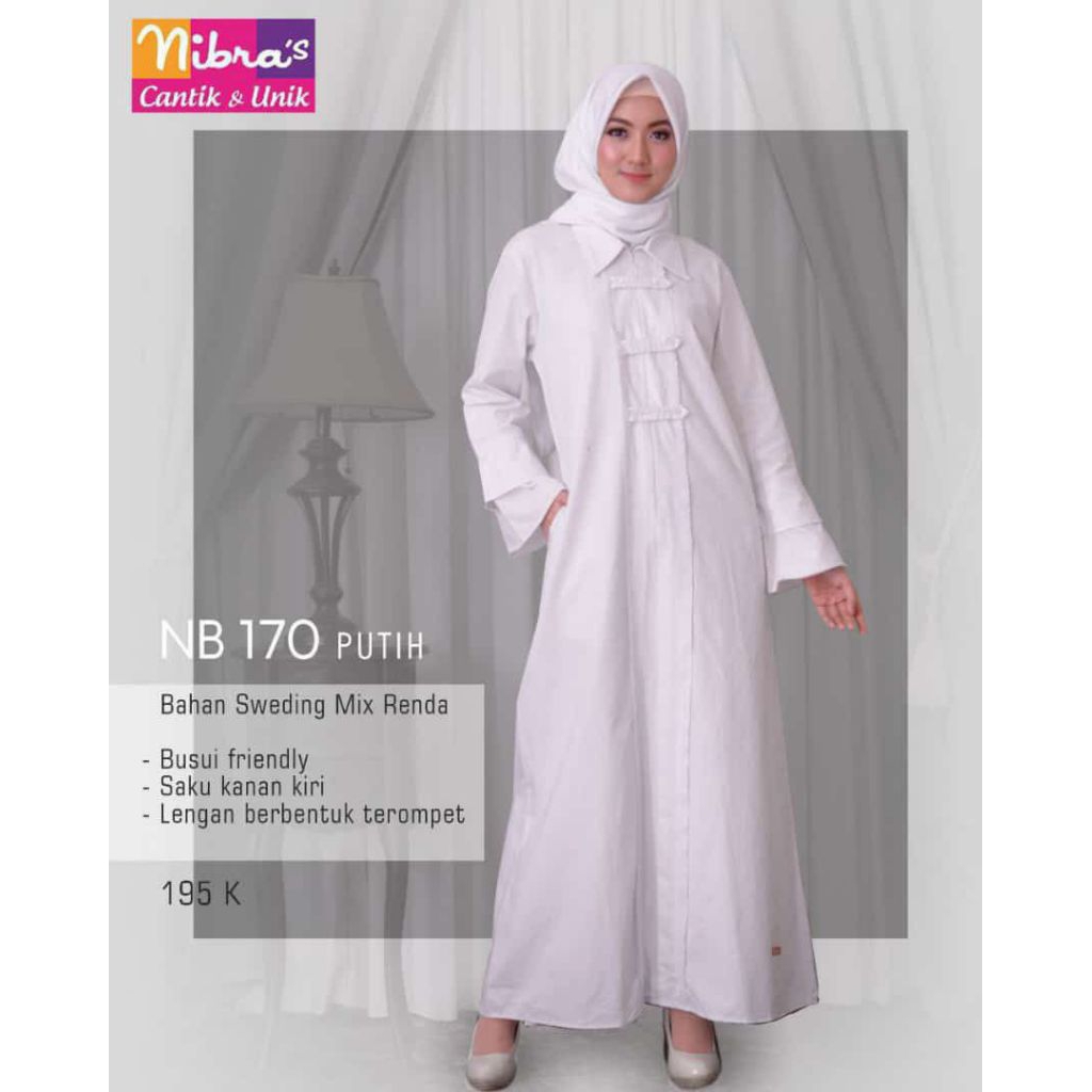 Gamis Nibras NB 170 Putih - Gamis Muslimah Elegan Busui Friendly Lengan Terompet