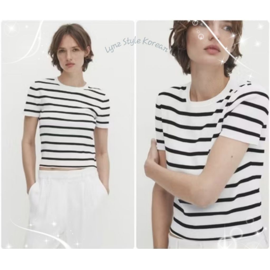 Kaos Atasan Baju Wanita Katun Garis Salur Hitam Putih Lengan Pendek Korea Import