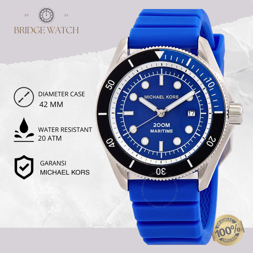 Jam Tangan Pria Michael Kors Maratime MK9156 Blue Rubber Strap Biru Dial Chronograph Sport Mewah Ori