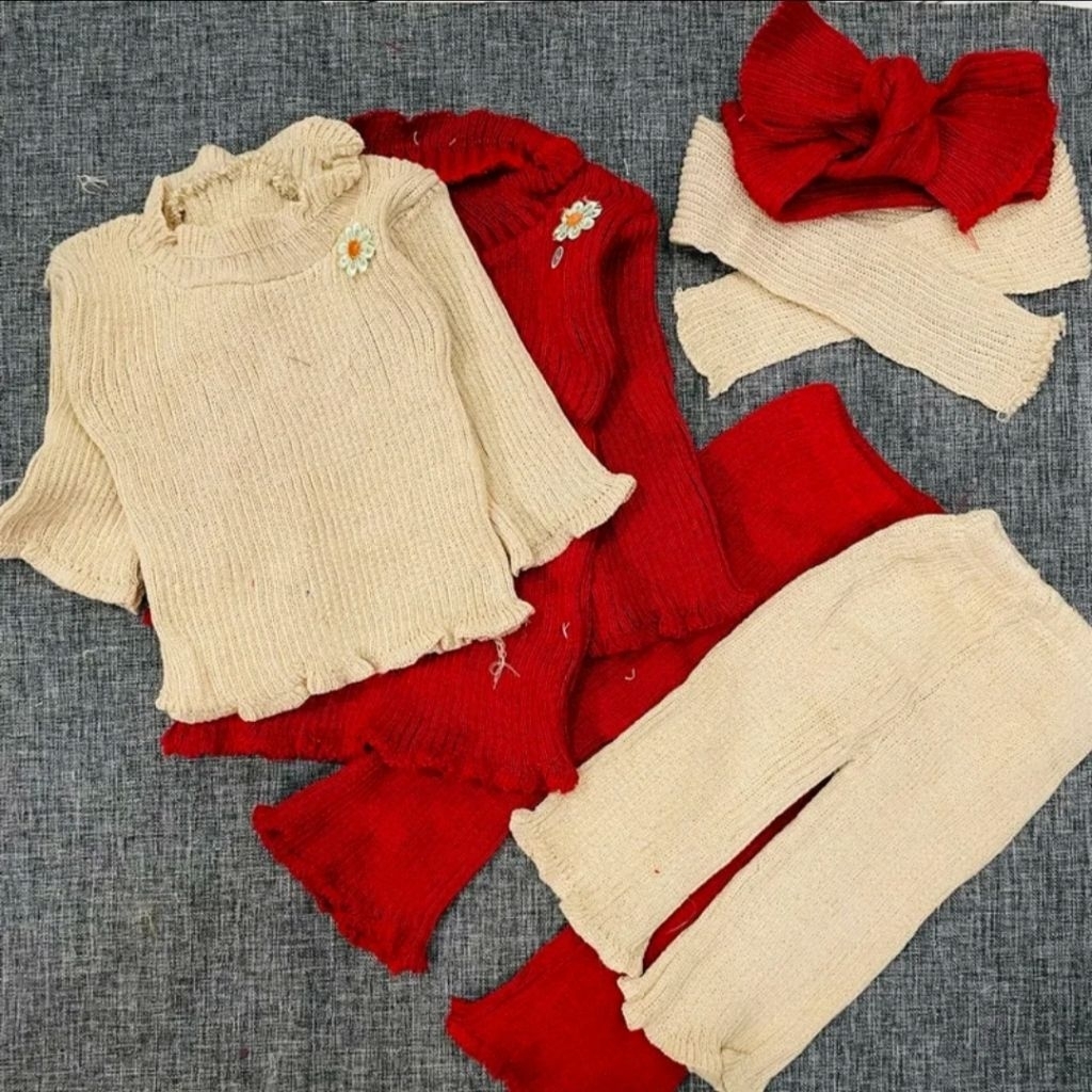 set 3in1 rajut bayi perempuan newborn 0-12 bulan baju celana bando bayi