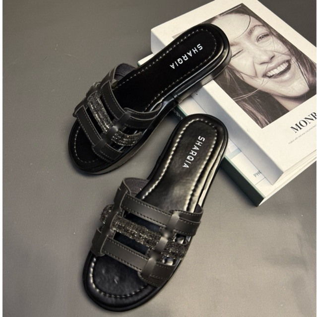 sharqia-Sandal Kasual Wanita Model Terbaru Anti Slip Sendal Flatbed Cewek Karet ban 3 motif kain hit