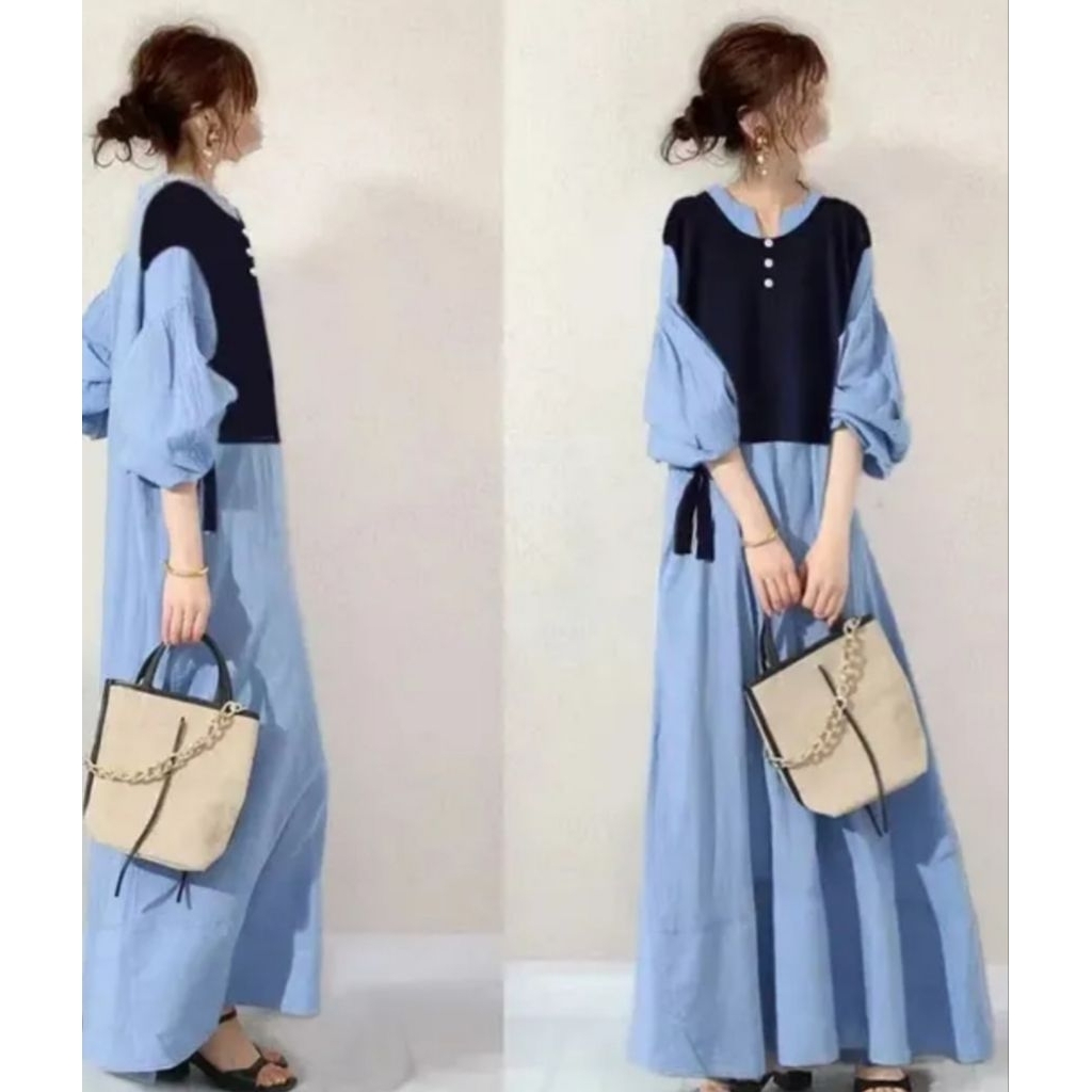 dress katun poplin ala vest hitam lengan balon premium