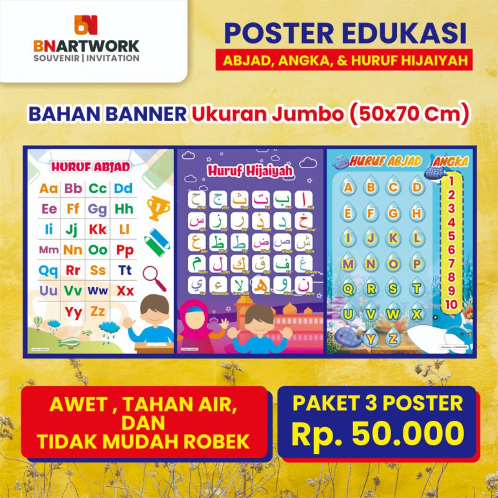 POSTER EDUKASI BELAJAR ABJAD, ANGKA, DAN HURUF HIJAIYAH JUMBO ANTI AIR