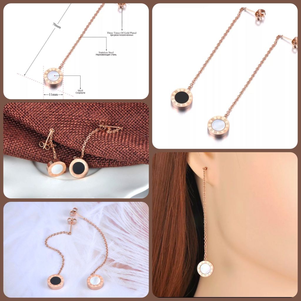 Anting-Anting Kait Liontin Angka Romawi Dengan Shell Hitam+Putih