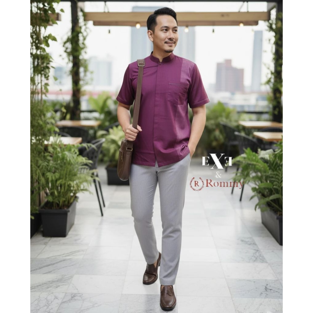 Baju Koko Lengan Pendek Rommy - Merah Burgundy (Merah marun gelap) bahan katun stretch (melar/lentur