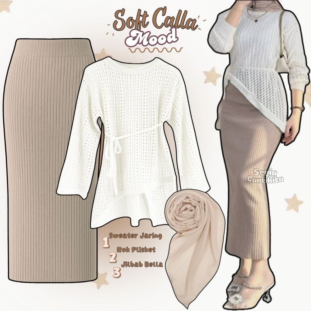 OOTD 3in1 Soft Calla Mood (Sweater Yuruma Putih Rok Plisket Cream dan Jilbab Biscuit) - SC051