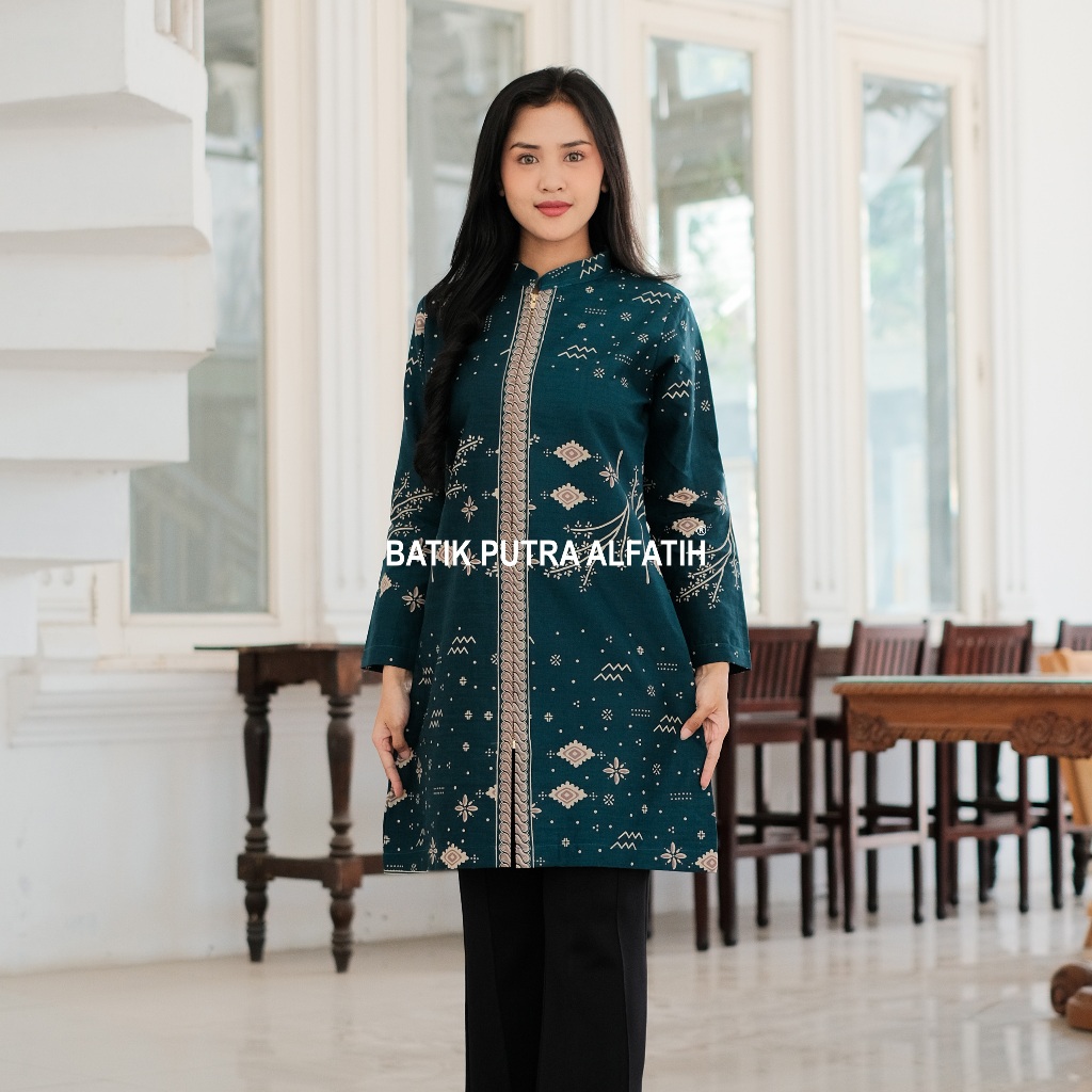 Batik Alfatih Tunik Batik Premium Lengan Panjang Full Tricot Motif Amarta Warna Hijau Tosca