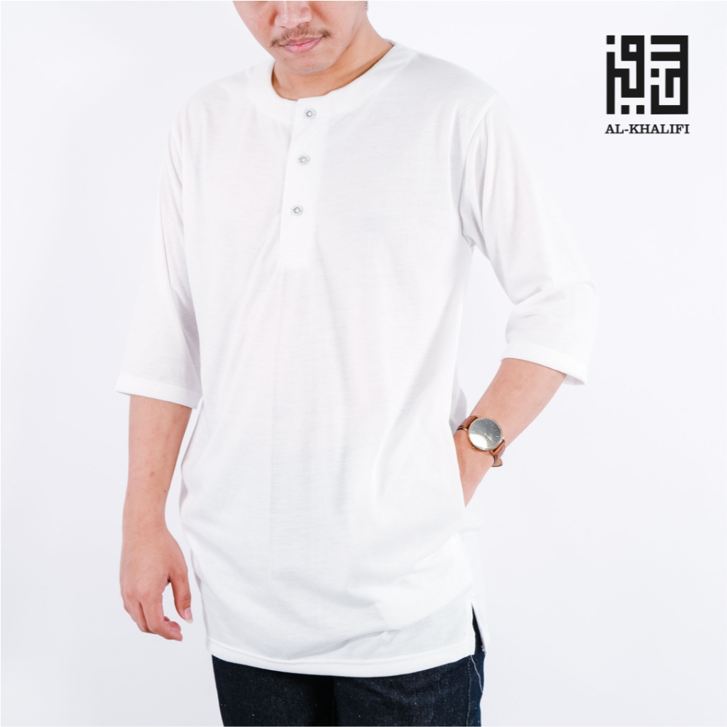TERBARU AL-KHALIFI - KURTA PAKISTAN BAHAN KAOS LENGAN 3/4 BAJU KOKO - PUTIH TULANG