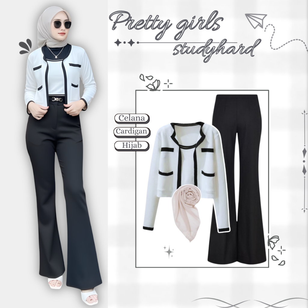 Outfit Wanita Kekinian Set Ootd Hijab (Celana Cutbray + Cardigan Putih + Hijab Sand) Ootd Korean Sty