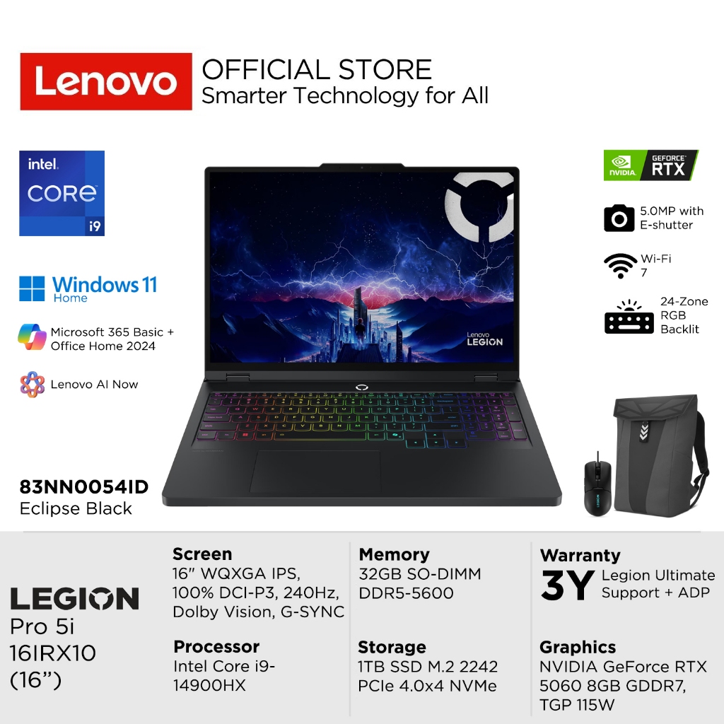 Lenovo Legion Pro 5i 16IRX10 54ID Intel Core i9-14900HX, NVIDIA RTX 5060 8GB, RAM 32GB, SSD 1TB, 16"