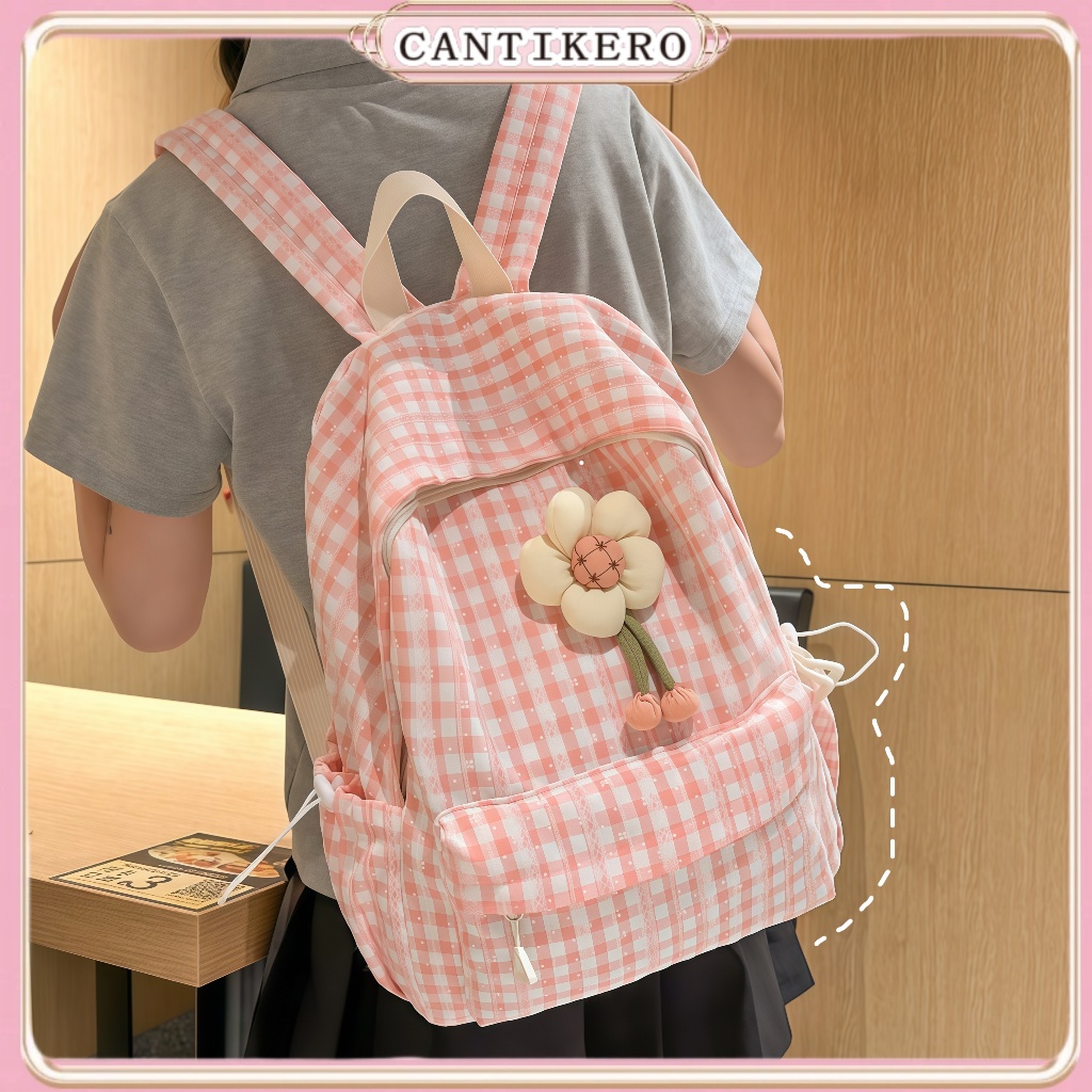 [Liontin Gratis] Tas Sekolah Fashion Korea Pink Tas Ransel Sekolah Siswa Checker Flower Cewek Tas Se