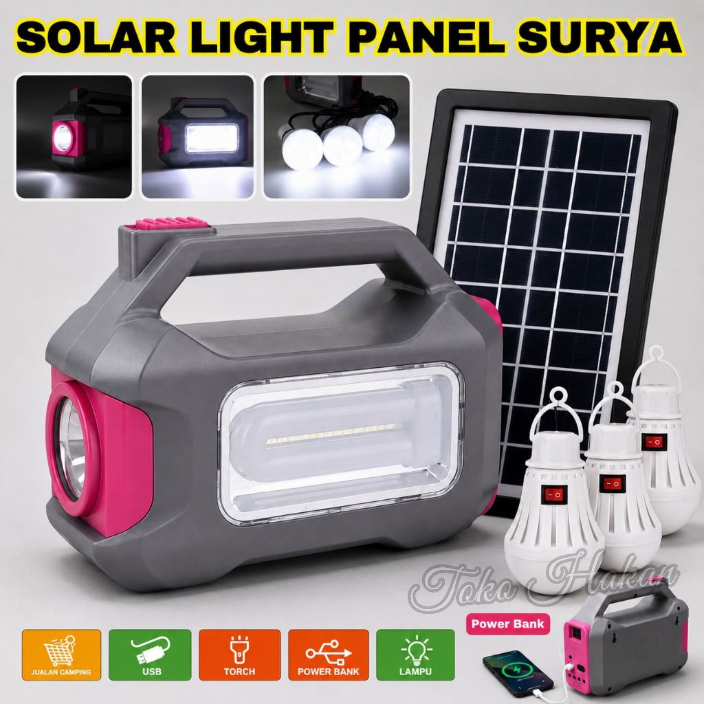 Solar Light Lampu Senter Panel Surya AOKI AK-1101 Dengan 3 Bohlam Led - SENTER + POWER BANK Baterai 
