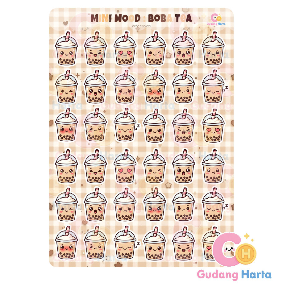 BUY 10 FREE 1 Stiker Mini Mood Emoticon Boba Tea Journal Stickers Minuman Boba Scrapbook Lucu Unik H