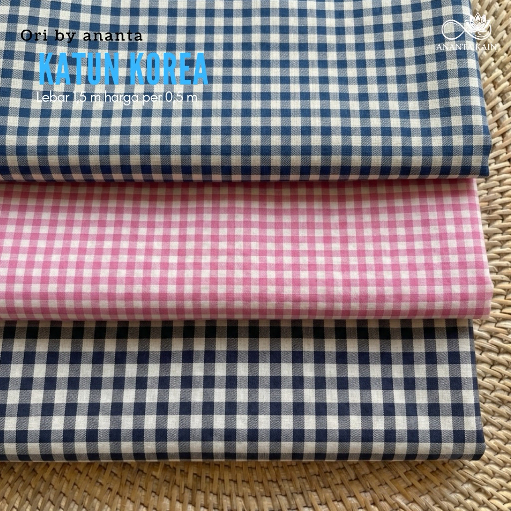 kain katun korea motif kotak kotak kecil pink dan nevi terbaru