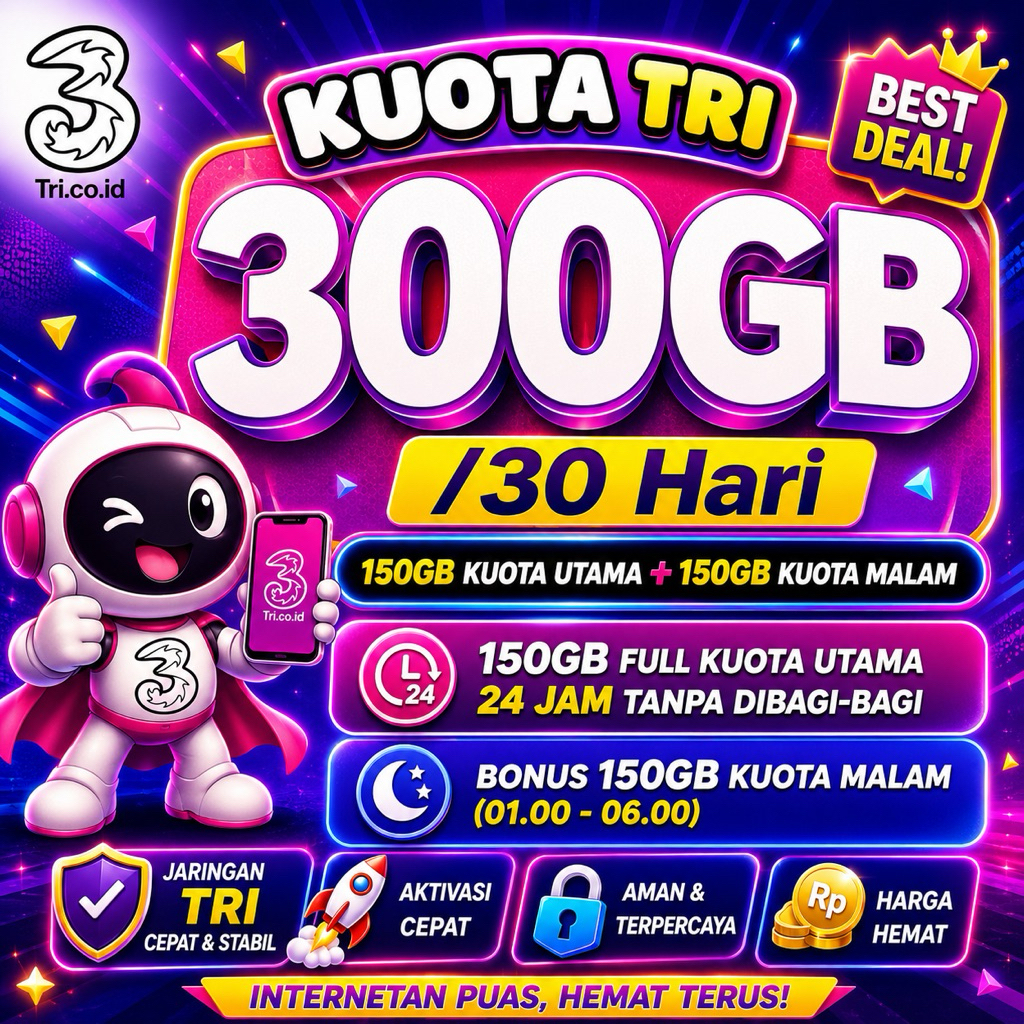 Paket Data TRI - Kuota Utama 30 Hari, Masa Aktif Hingga 30 Hari, Akses Internet Cepat