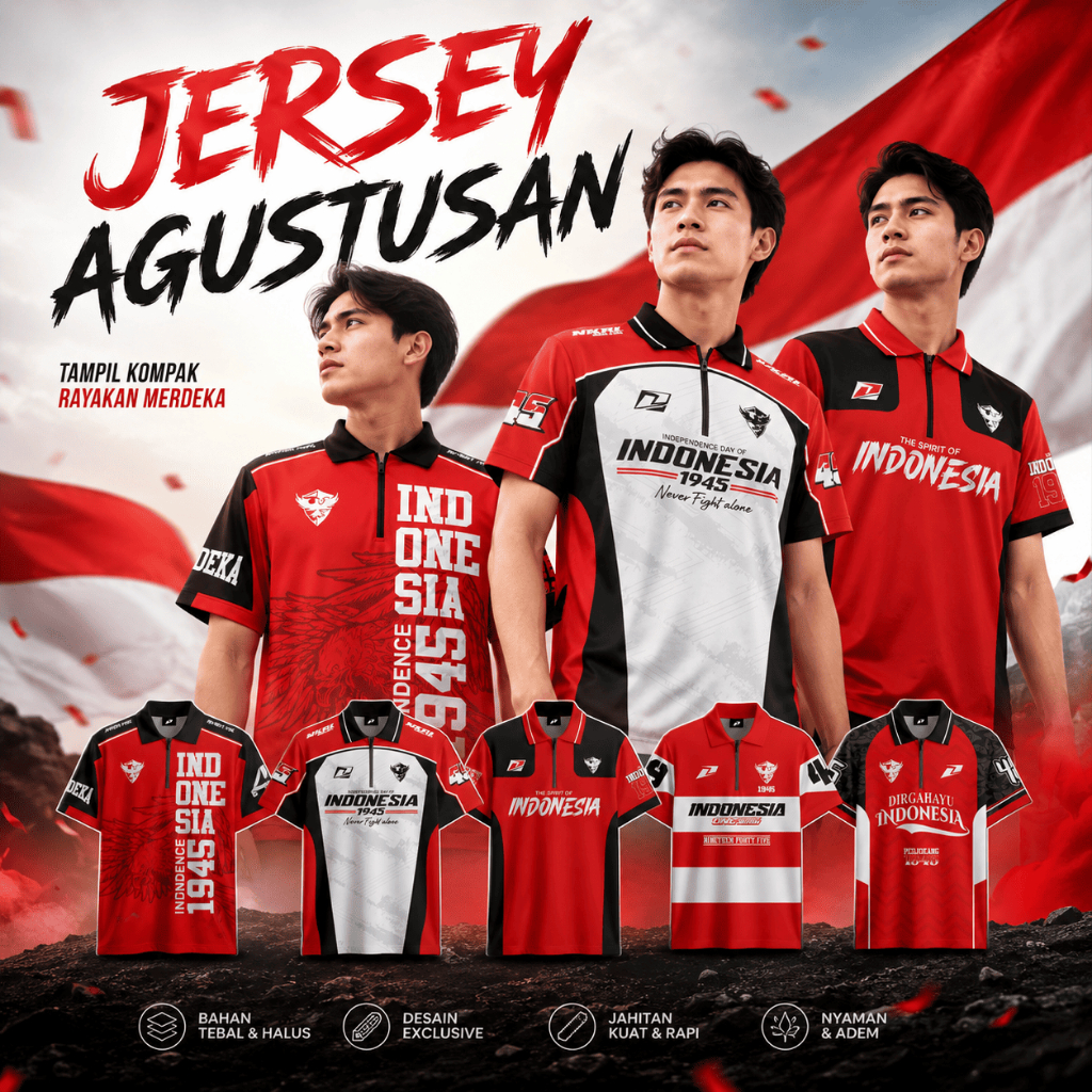 Jersey Kemerdekaan Indonesia Kerah Zipper Baju Agustusan Independence Day 1945 Nineteen Forty Five F