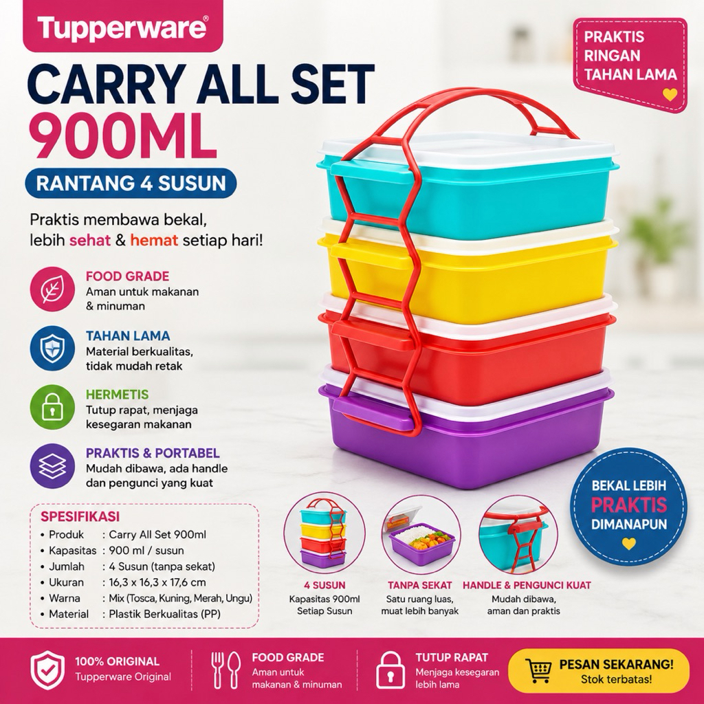 Tupperware carry all set rantang 4 susun warna warni