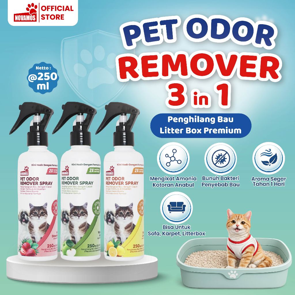NOVAMOS Pet Odor Remover Spray Catroom Sofa Litter Box Kucing Paket 3 Varian