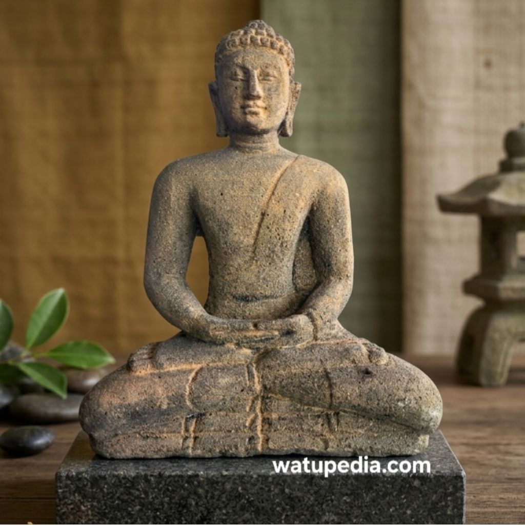 Patung Buddha batu candi finishing warna antik
