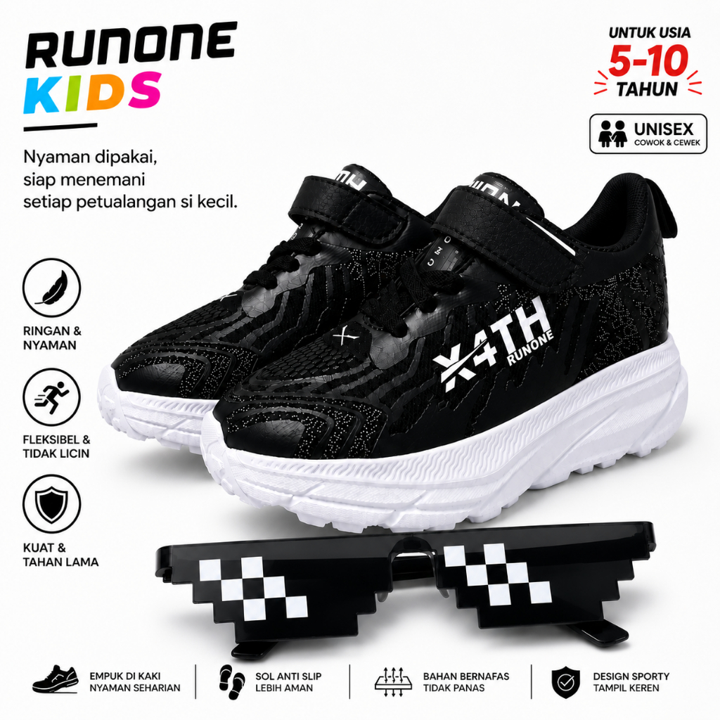 X-Fourth Runone Kids Bold Black - Sepatu Sneakers Anak Hitam Sporty Ringan Kuat Anti Slip Untuk Seko