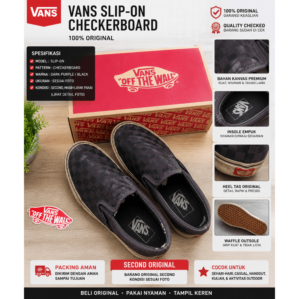 Sepatu Vans Slip On Checkerboard Original Second Sepatu Pria Wanita Sneakers Canvas Bekas Original S
