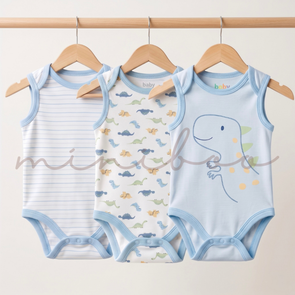 MINIBOO - Jumper Bayi Kutung 3pcs Unisex Bodysuit Sleeveless Katun Lembut 0-9bulan (3VS TINY-REX)