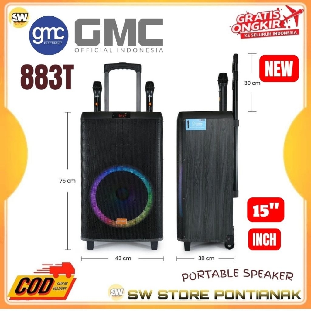 GMC SPEAKER 883T – BLUETOOTH KARAOKE SPEAKER 15 INCH – 195W, LED LIGHT, GRATIS 2 MIC / SPEAKER BLUET