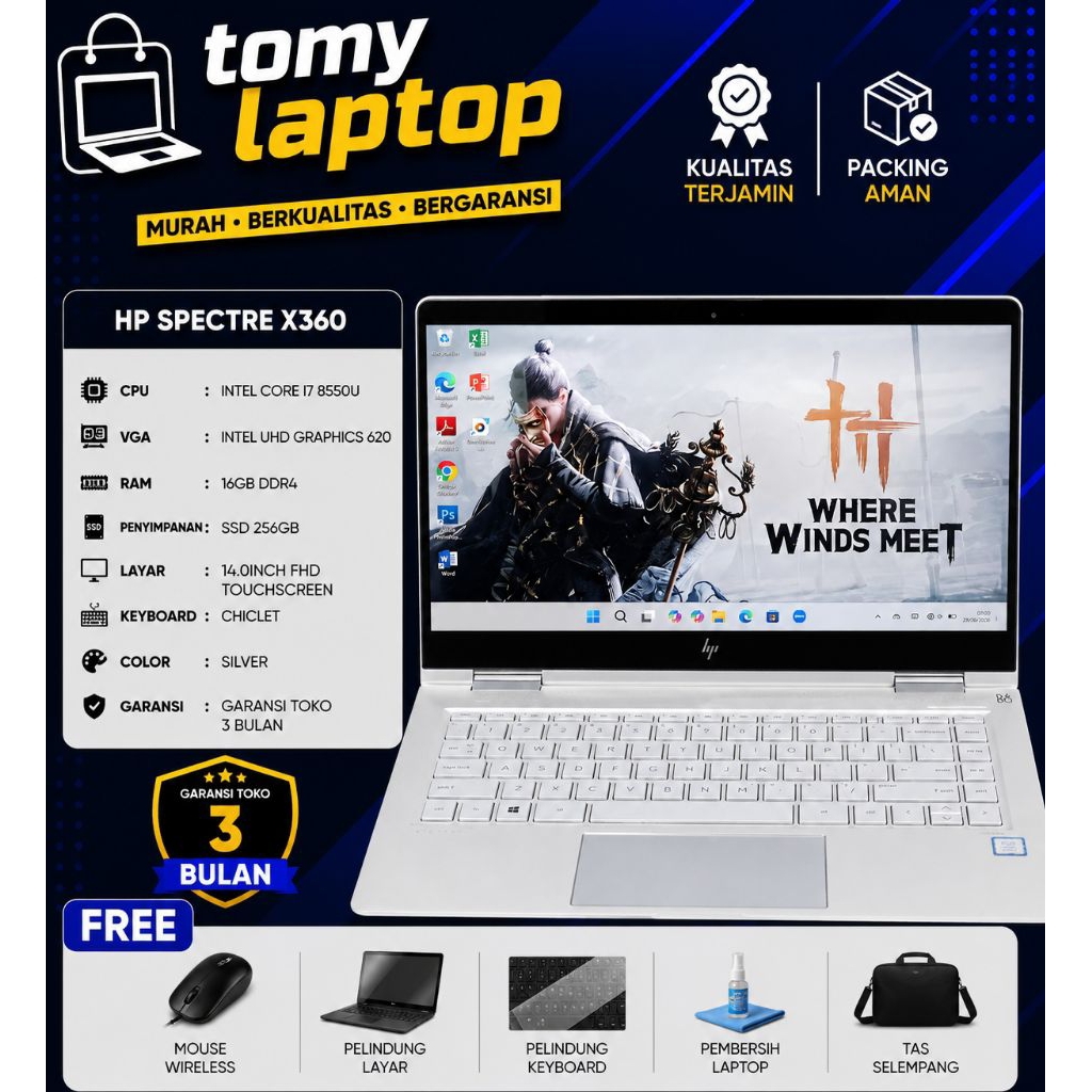 LAPTOP SECOND JAMINAN GARANSI TOKO HP SPECTRE X360 INTEL CORE I7 8550 INTEL UHD GRAPHICS 620 RAM 16G